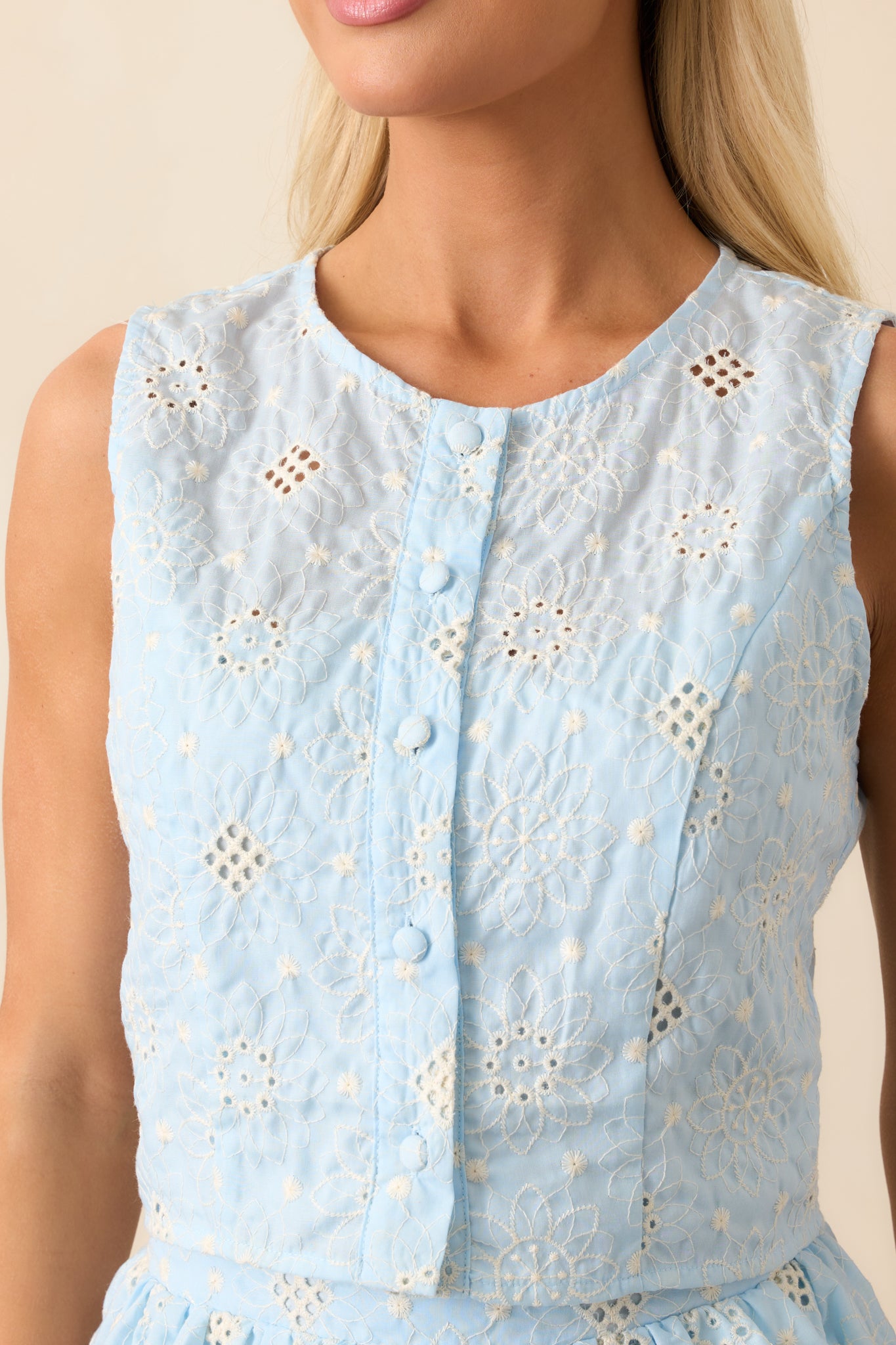 Let The Light In Sky Blue Embroidered Eyelet Crop Top