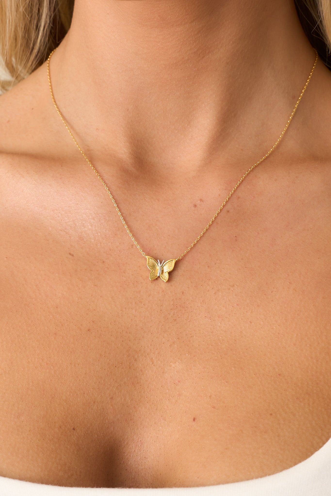 A closer view of the necklace, highlighting the fine details of the butterfly pendant and its contrasting gold and silver elements.
