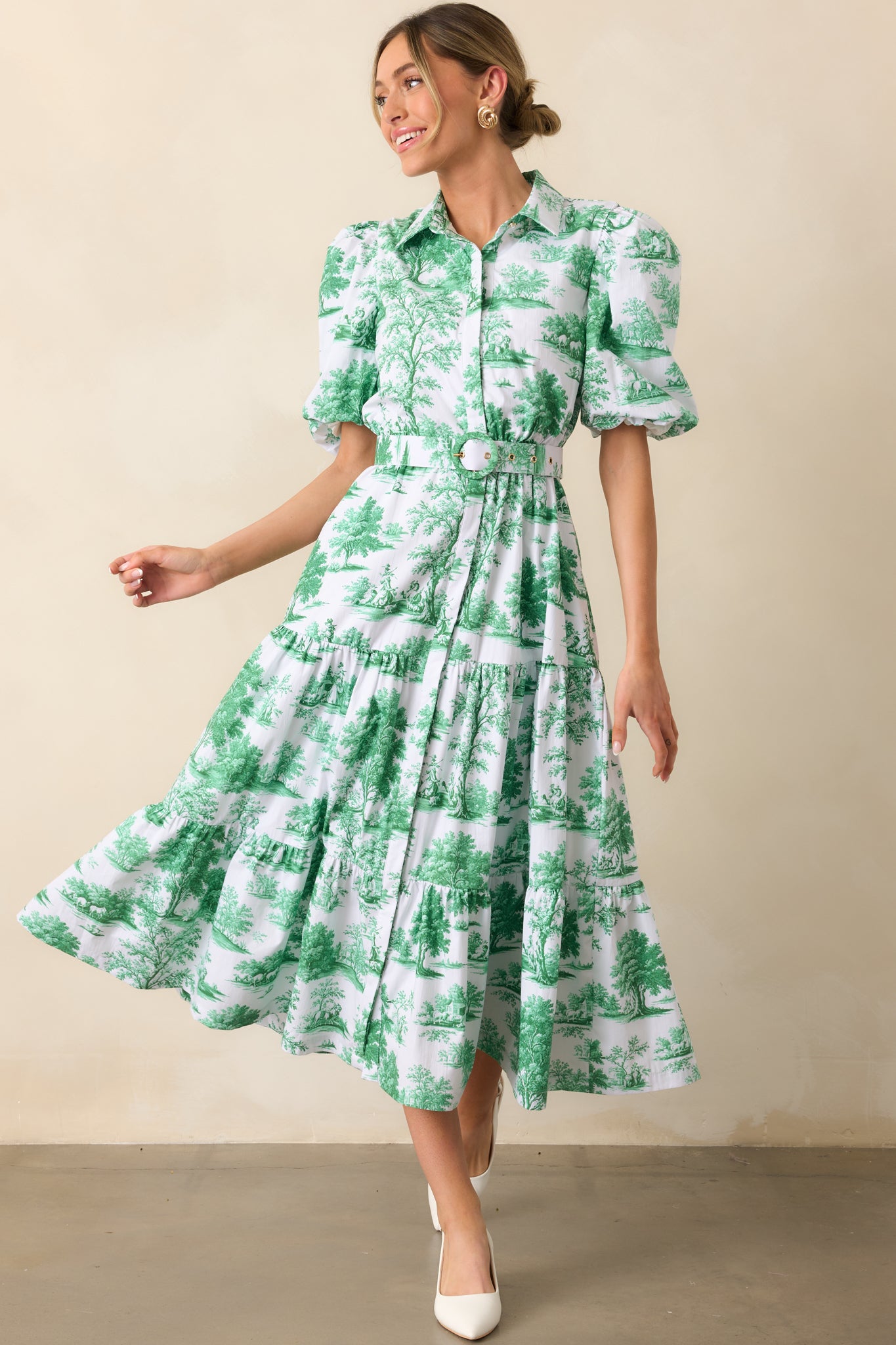 A front view of the dress, emphasizing the included matching adjustable belt and elastic waistband for a cinched fit.